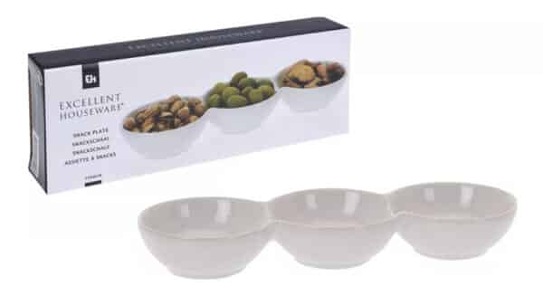 Snackschaal porselein 3-vaks 24x8x3cm