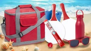 zalig zomers strandpakket rode stijl met koeltas en Beach tennis set